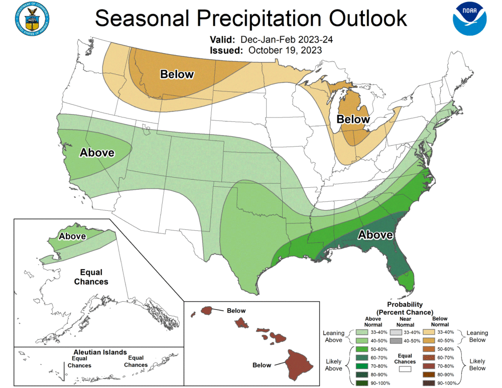 Seasonal precipitation outlook for the United States. Courtesy National Oceanic and Atmospheric Association
