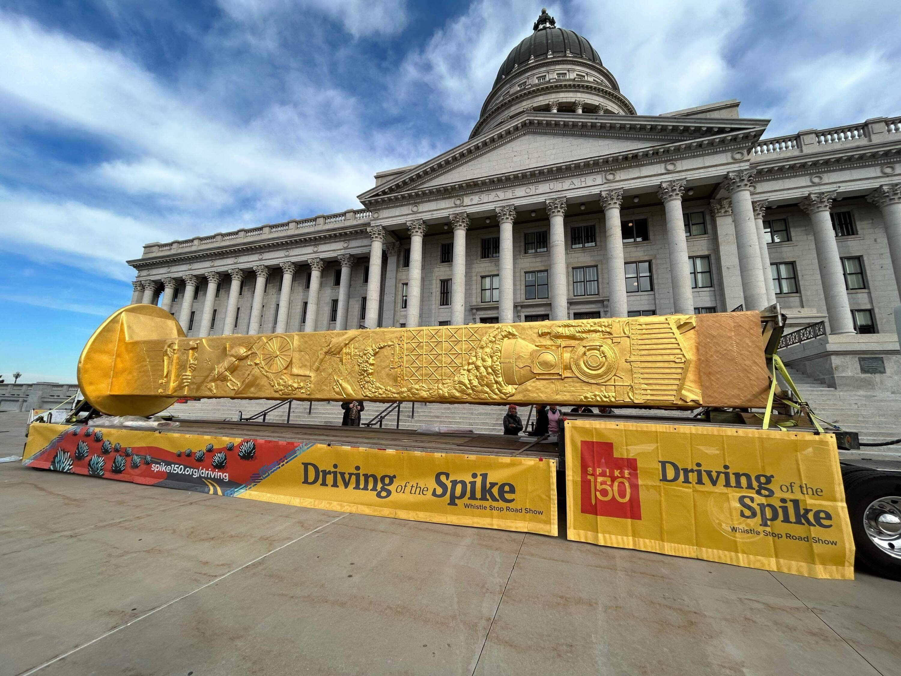 A 43-foot railroad spike was commissioned to honor the sacrifice of workers who toiled on the transcontinental railroad. (Peter O'Dowd/Here & Now)