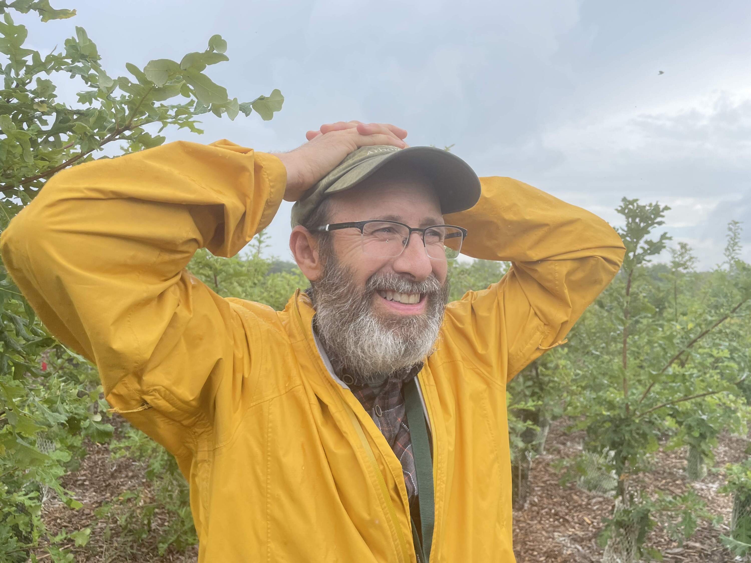 Andrew Hipp, the Morton Arboretum's Herbarium director and senior scientist in plant systematics, stands inside A garden housing a years-long study into the future of bur oaks. (Juanpablo Ramirez-Franco/WBEZ)