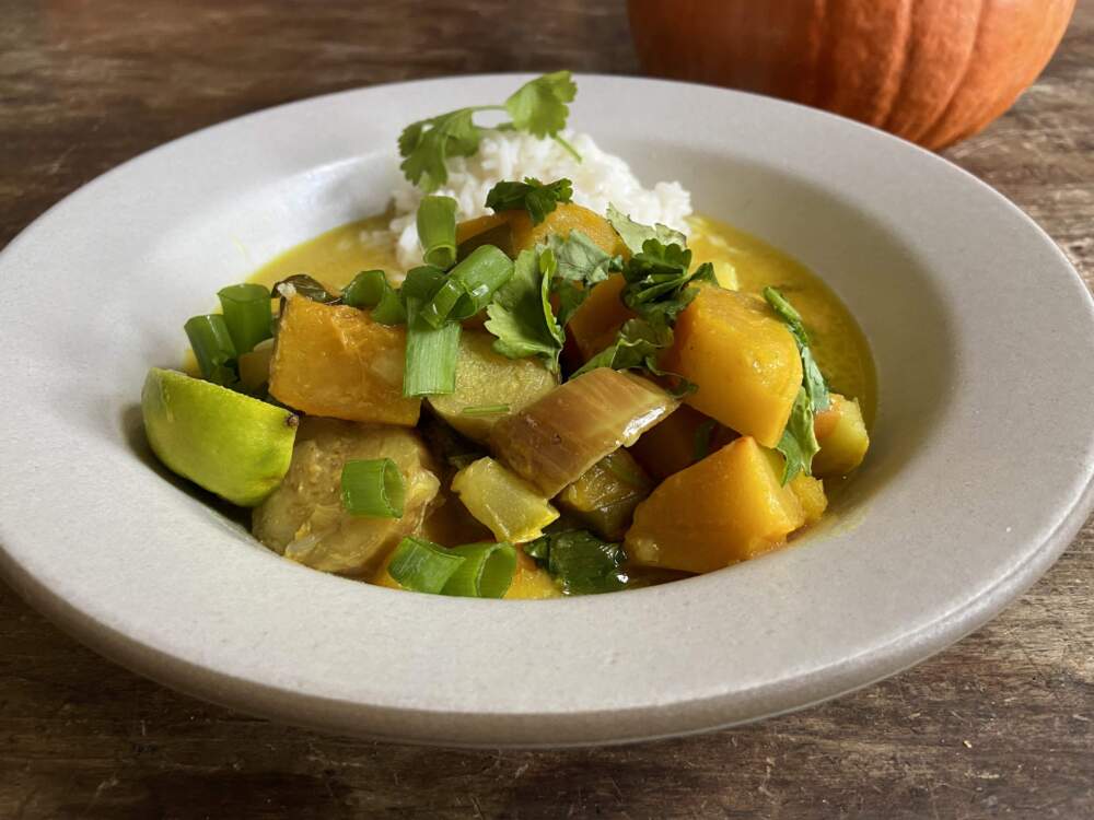 Pumpkin and fall vegetable stew in coconut broth. (Kathy Gunst/Here & Now)