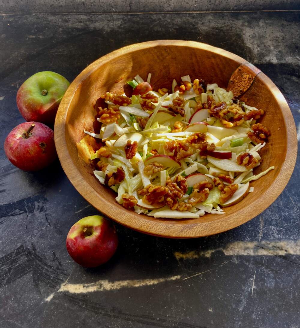 Apple, cabbage and maple-glazed walnut slaw with apple cider dressing. (Kathy Gunst/Here & Now)