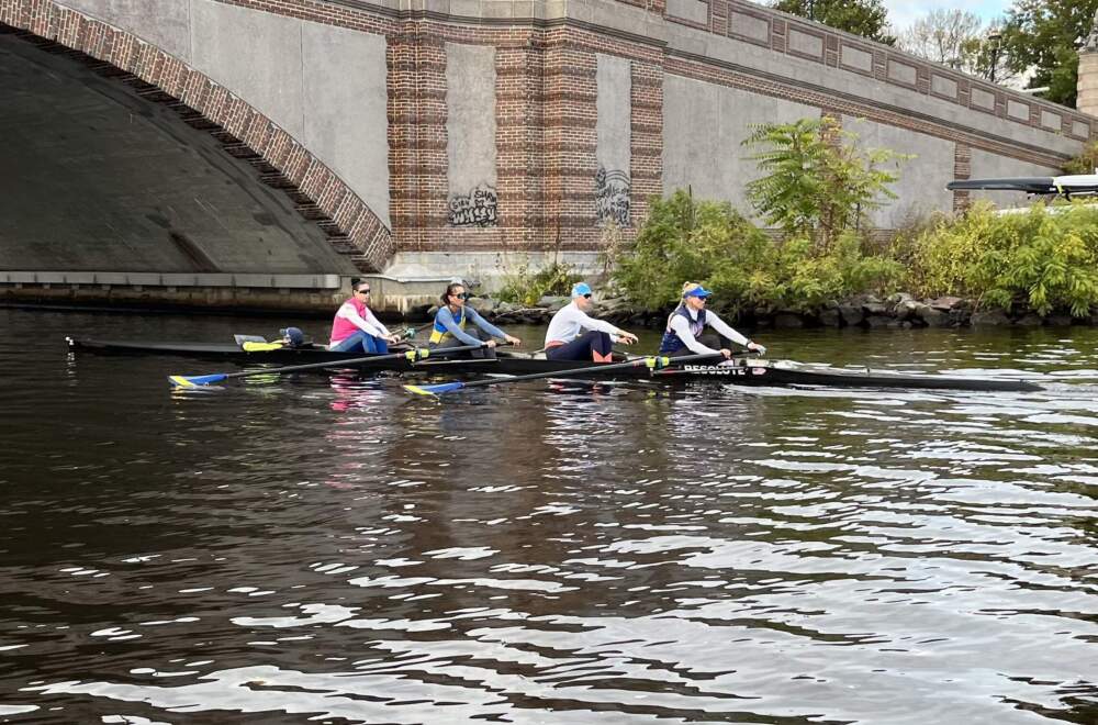 Members of the Ukrainian national rowing team practice for the Head of the Charles. (Lynn Jolicoeur/WBUR)