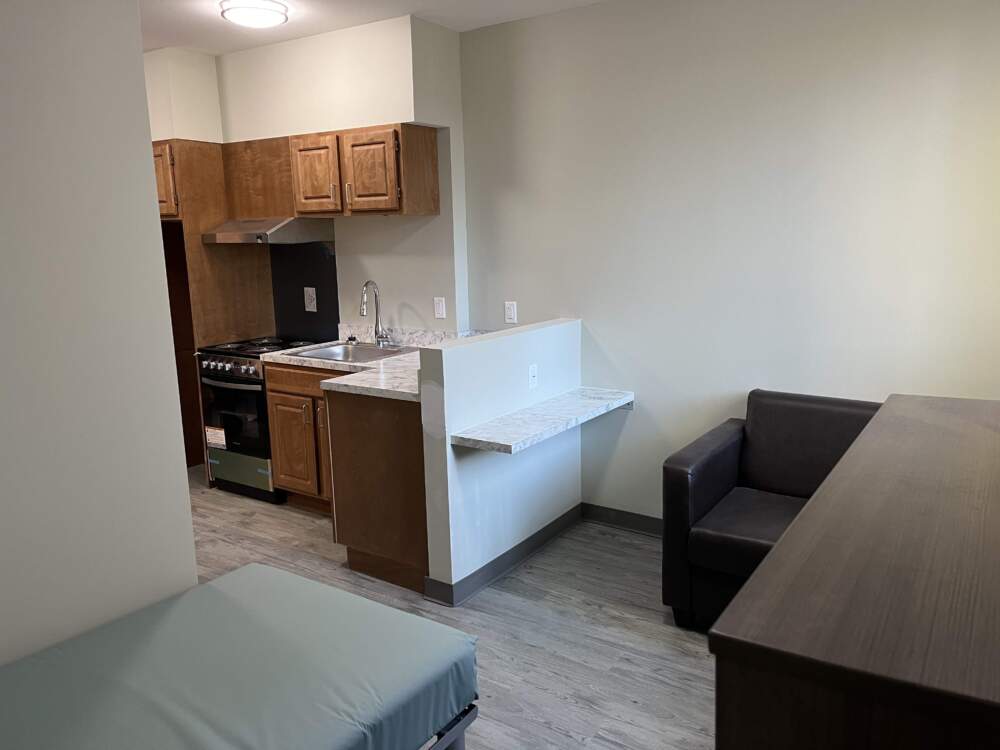 Each unit has a kitchen and bathroom.  Support services will be available on site.  (Lynn Jolicoeur/WBUR)