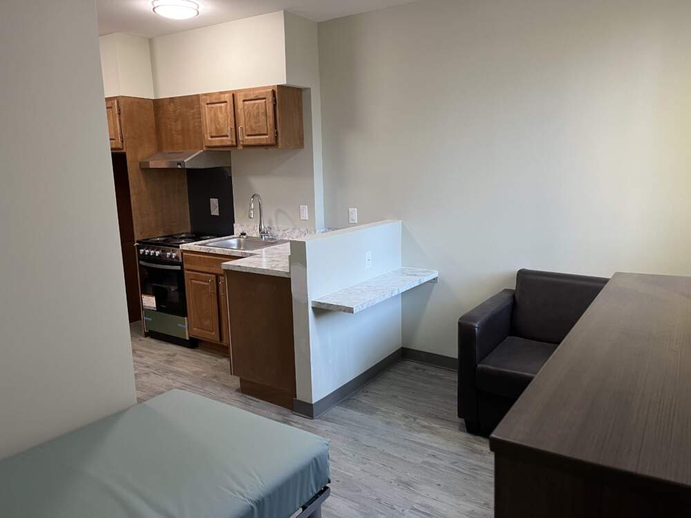 Each unit has a kitchen and bathroom. Support services will be available on site. (Lynn Jolicoeur/WBUR)