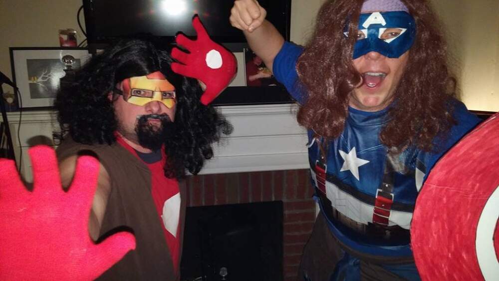 The author (right) and his husband, Dave (left), dressed up for Halloween as Iron Mandy Patinkin and Captain America Ferrara, in 2016. (Courtesy Jason Prokowiew)