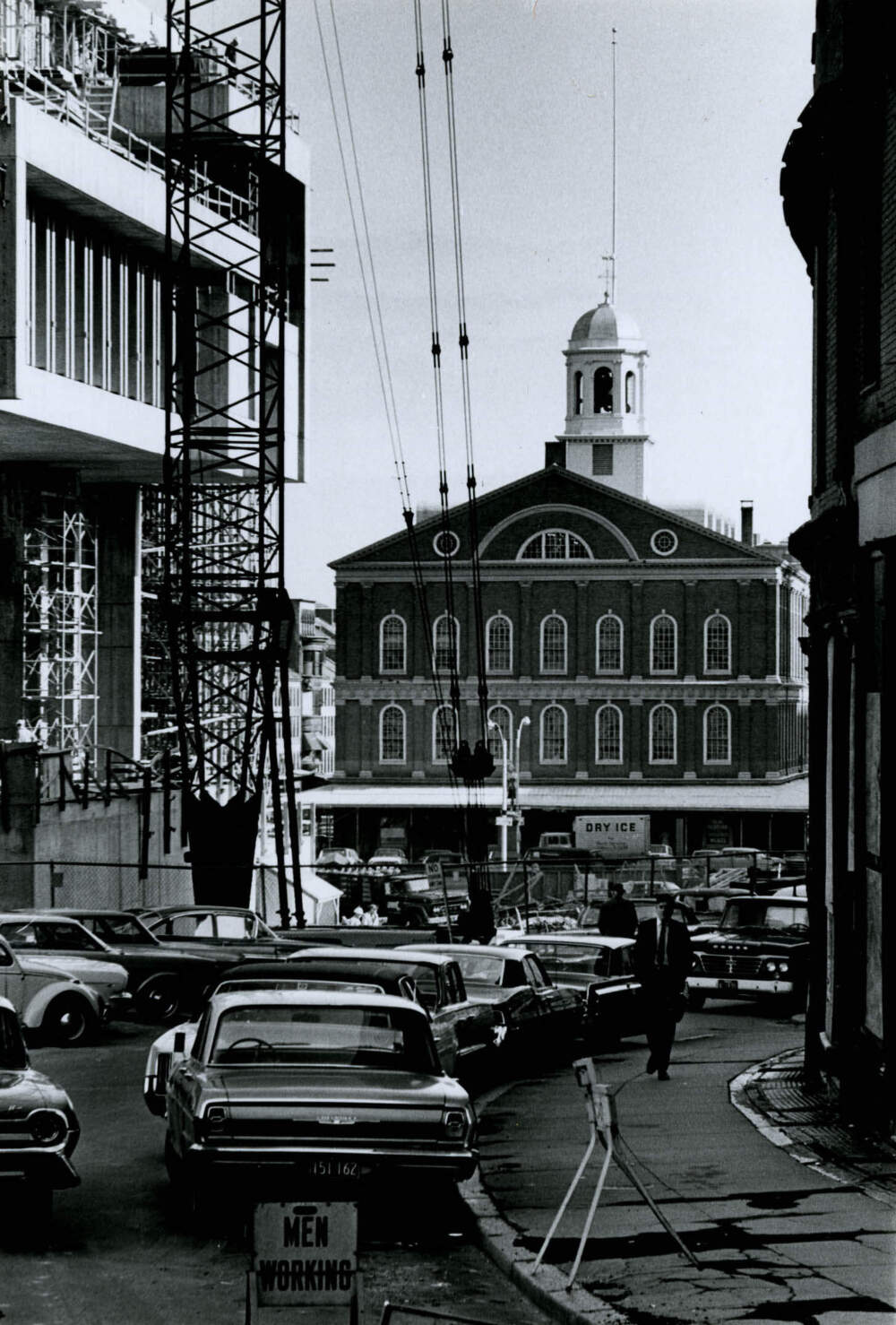 Irene Shwachman, Faneuil Hall From Cornhill Street—New City Hall Under Construction on the Left (Courtesy of the Boston Athenaeum) 