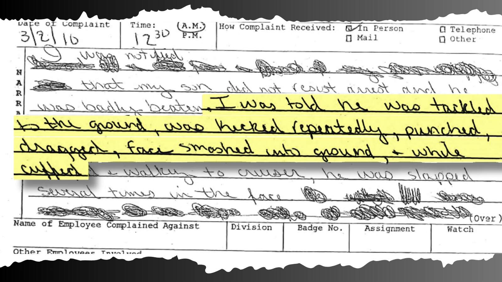 An excerpt from a civilian complaint filed against Officer Michael Pessoa in 2010. Internal investigators cleared Pessoa of wrongdoing. (Maddie Mott/ The Public's Radio)