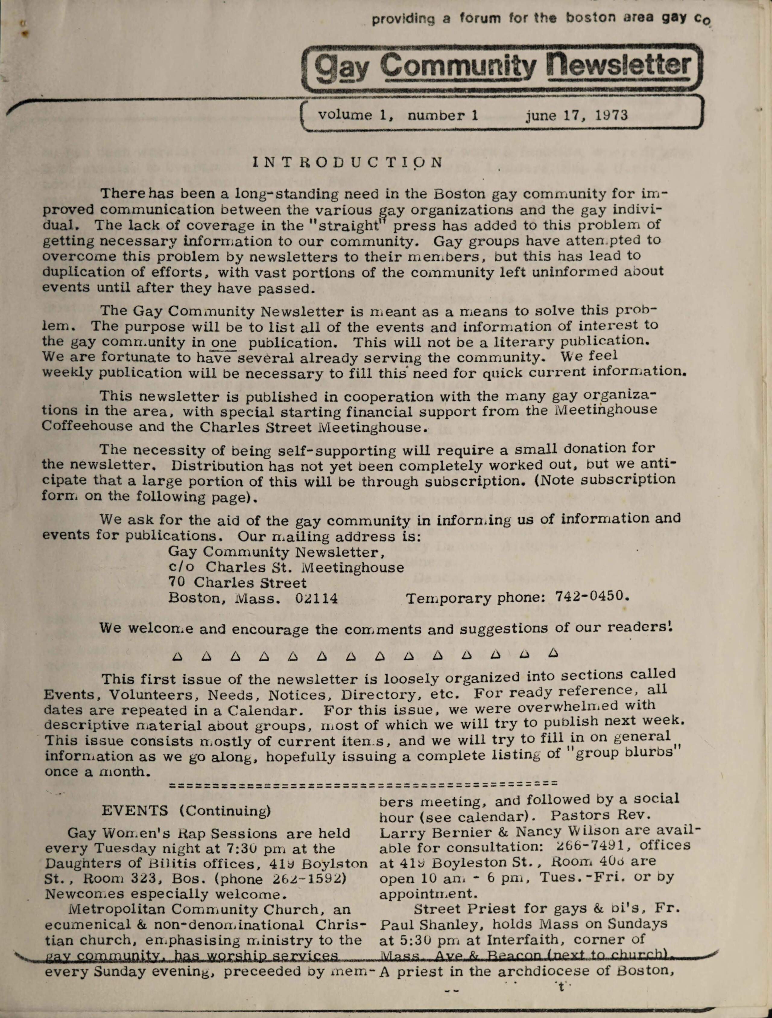 The first issue of Gay Community Newsletter published on June 17, 1973. (Courtesy Northeastern University Library | Archives and Special Collections)