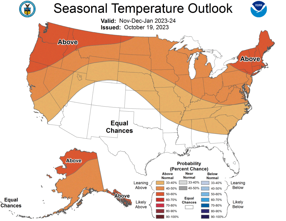 Seasonal temperature outlook for the United States. Courtesy National Oceanic and Atmospheric Association