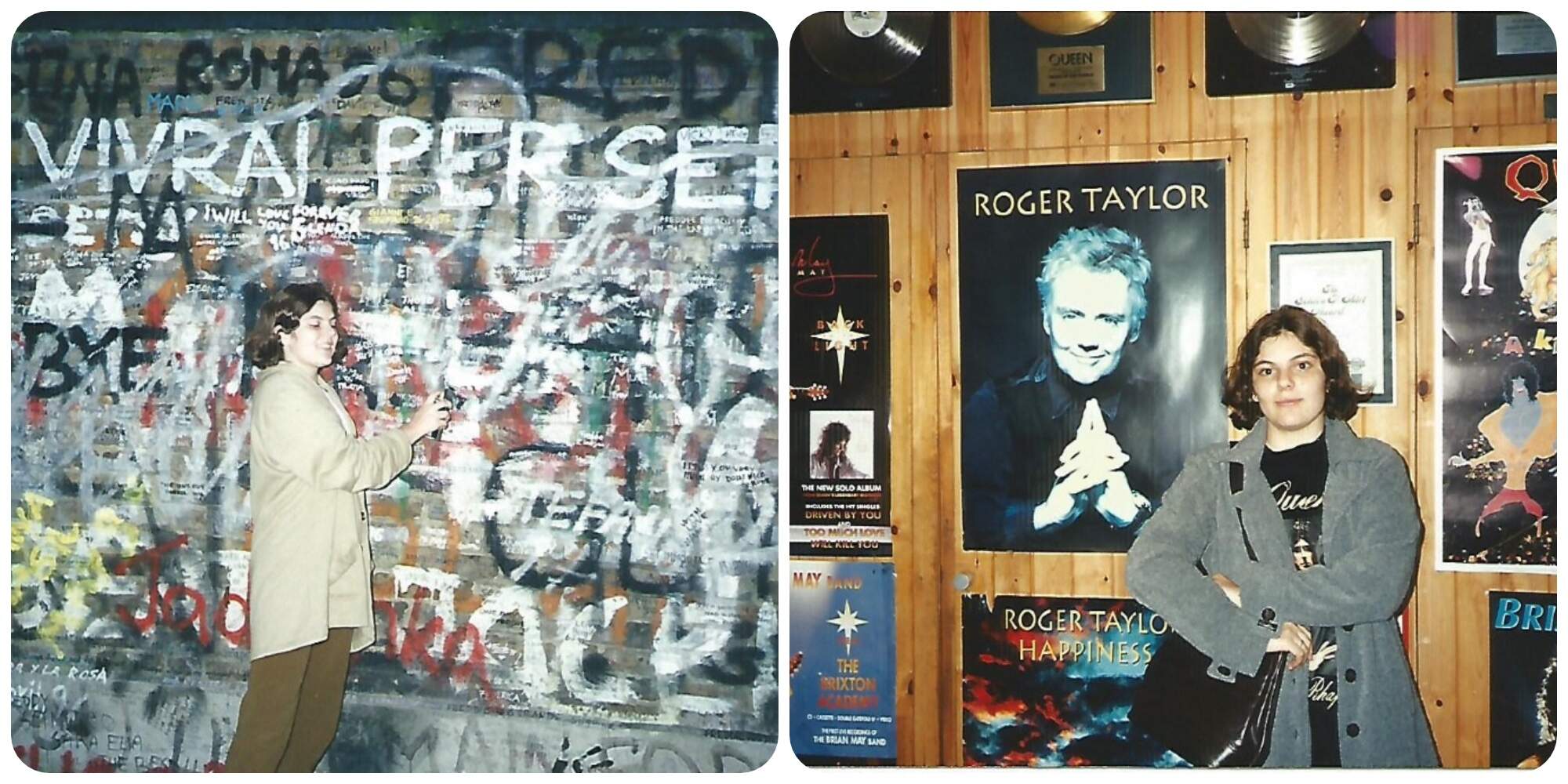 The author, age 16, signing the wall outside Freddie Mercury’s mansion, in London, and at the Queen Fan Club. (Courtesy Paula Moura)