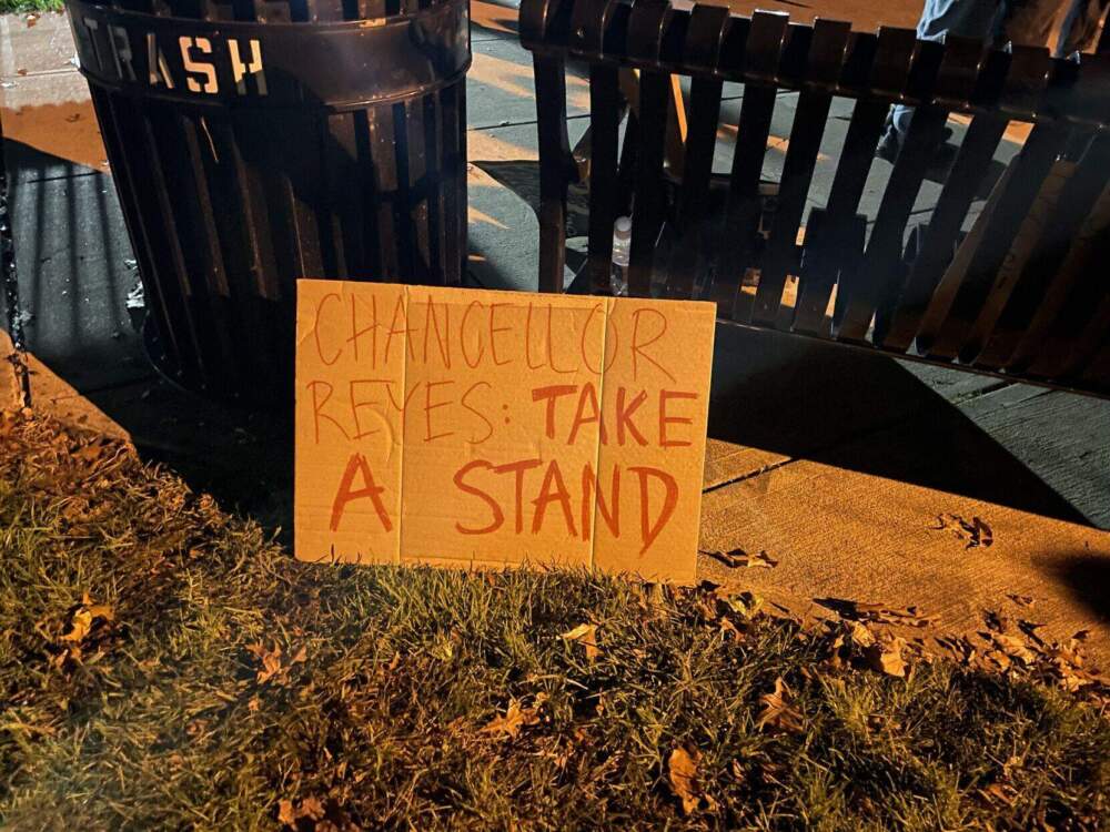 An abandoned sign at a student protest where participants on Wednesday, Oct. 25, 2023 demanded University of Massachusetts Amherst Chancellor Javier Reyes release a statement condemning the Israel Defense Forces’ attacks on Gaza. (Sophie Hauck/SHNS)