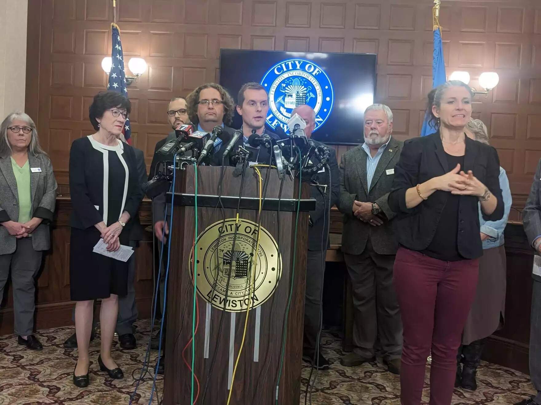 U.S. Rep. Jared Golden, of Maine, speaks at a news conference on Oct. 26, 2023 following deadly mass shootings in Lewiston, Maine on Oct. 25, 2023. (Robbie Feinberg/ Maine Public)