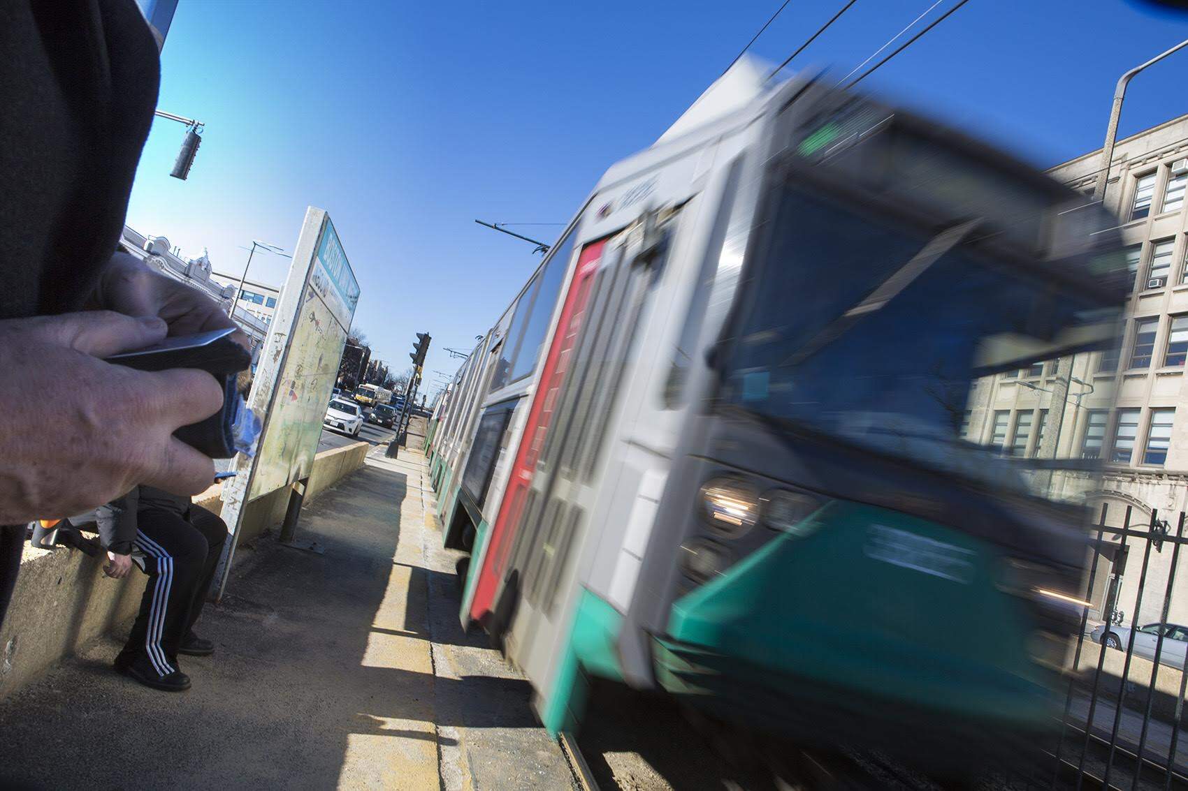 An MBTA Green Line train pulls into a stop by Boston University. (Jesse Costa/WBUR)
