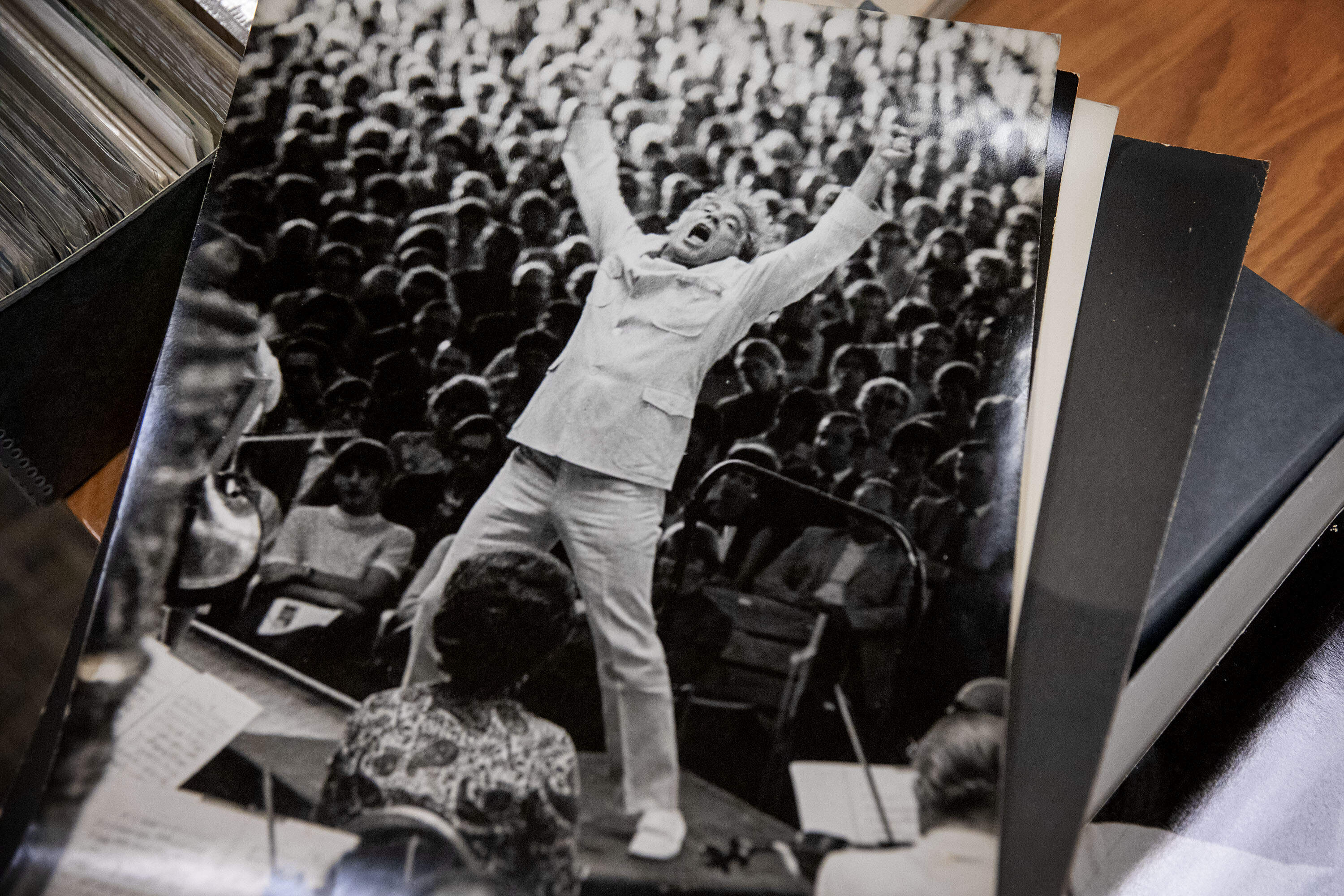 Leonard Bernstein during a performance at Tanglewood in 1970, caught in a photograph by Heinz Weissenstein, from the BSO archive. (Robin Lubbock/WBUR)