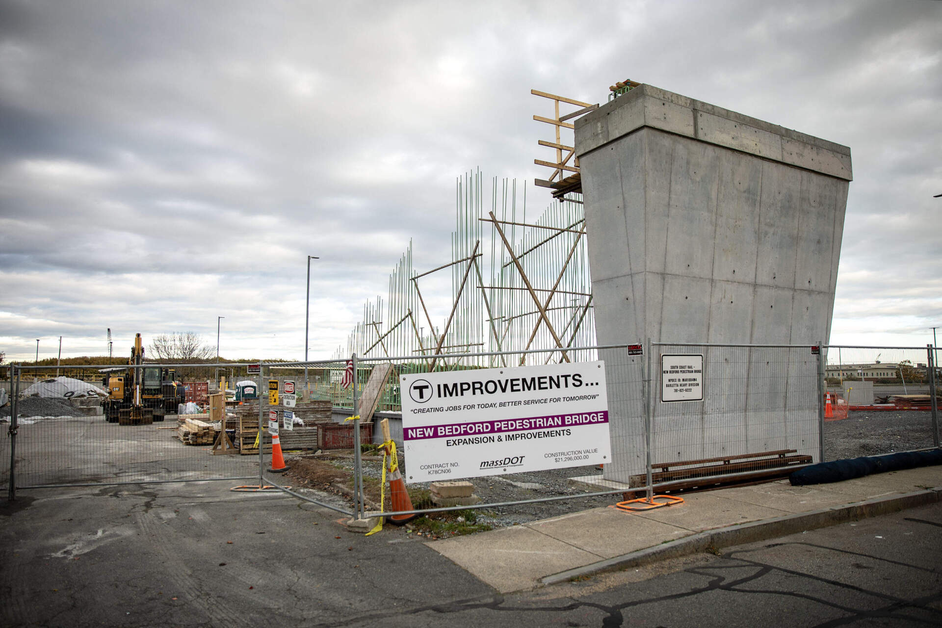 Ongoing construction work for a pedestrian bridge connected to a new commuter rail station in New Bedford. (Robin Lubbock/WBUR)