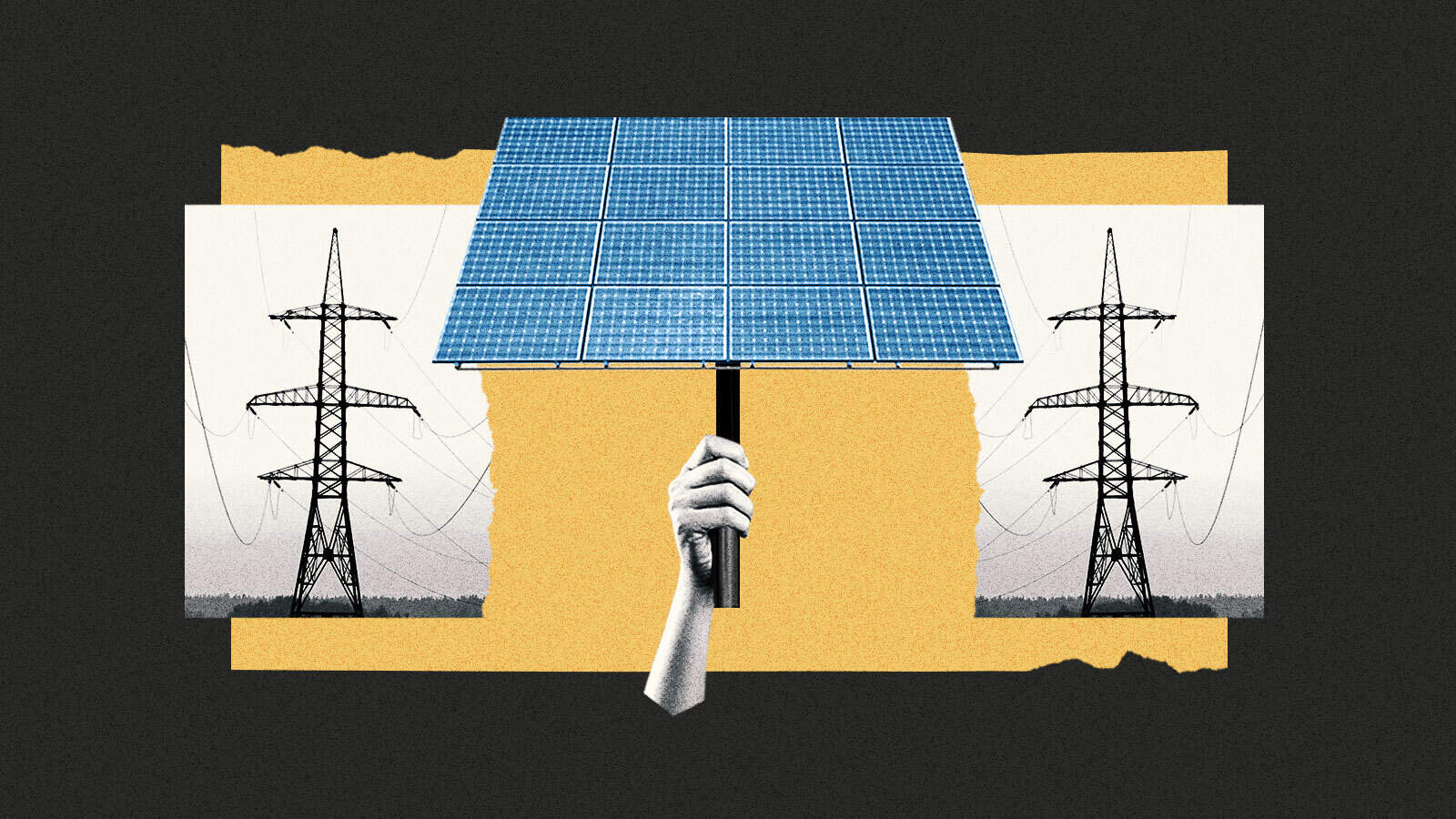 An illustration of a hand of justice upholding solar panels between utility poles.