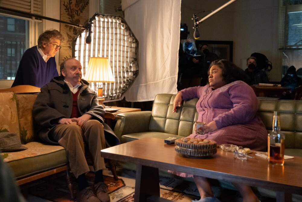 From left: Director Alexander Payne, Paul Giamatti and Da’Vine Joy Randolph on the set of "The Holdovers." (Courtesy Seacia Pavao/Focus Features)