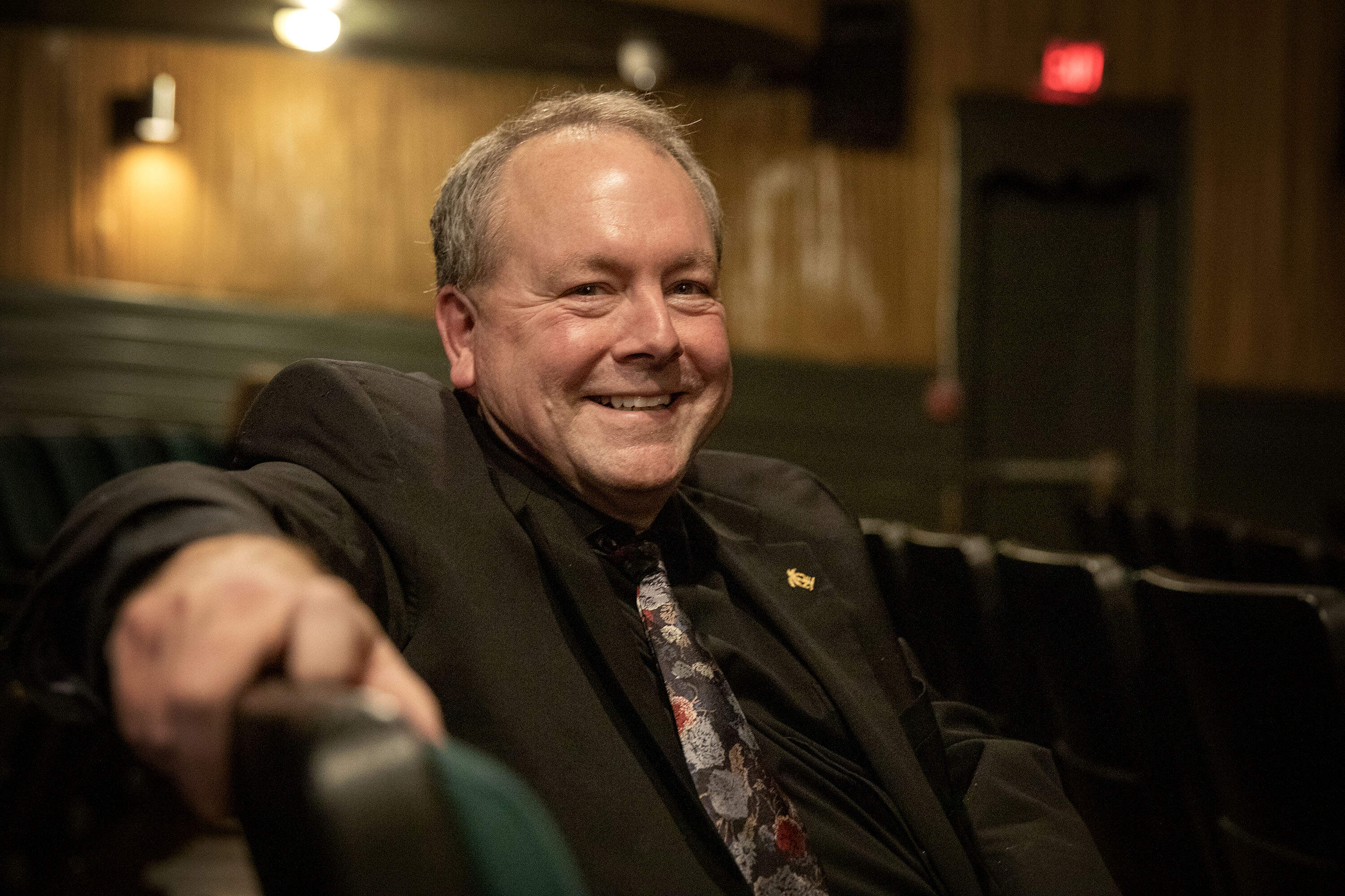 Silent film music composer and performer Jeff Rapsis, at the Jane Pickens Theatre in Newport, Rhode Island. (Robin Lubbock/WBUR)