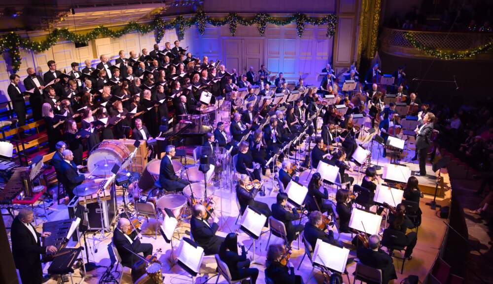 Keith Lockhart with the Boston Pops and Tanglewood Festival Chorus at the 2022 Holiday Pops. (Courtesy Hilary Scott/BSO)