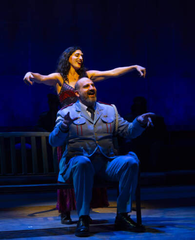 Jennifer Apple and Brian Thomas Abraham in "The Band's Visit," a co-production of SpeakEasy Stage Company and the Huntington Theatre Company at the Huntington. (Courtesy T Charles Erickson)