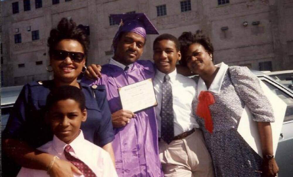 The author (in blue tie) with his mom, sister and brothers at his older brother's graduation from Boston Latin School. (Courtesy Dart Adams)