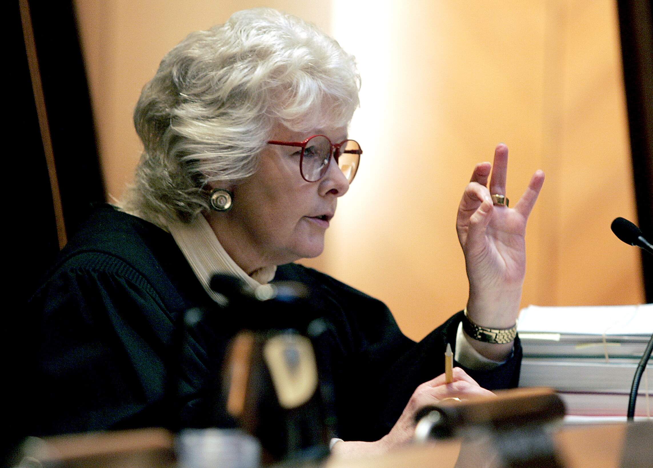 This May 2, 2005 file pool photograph shows Chief Justice Margaret Marshall asking a petitioner to explain a point during arguments before the Supreme Judicial Court, in Boston, on a petition to halt same-sex couples from marrying until voters can weigh in on the contentious issue. (George Rizer/AP)