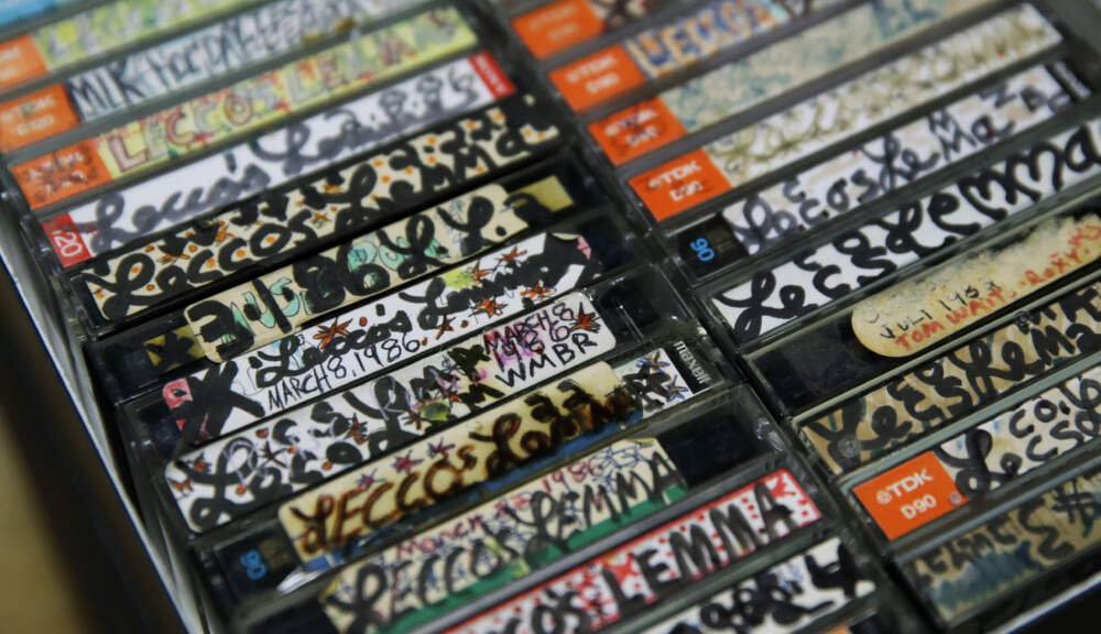 A collection of hip-hop cassette tapes from the 1980s is displayed at the Boston campus of the University of Massachusetts. The University is home to the Massachusetts Hip-Hop Archive. (Charles Krupa/AP)