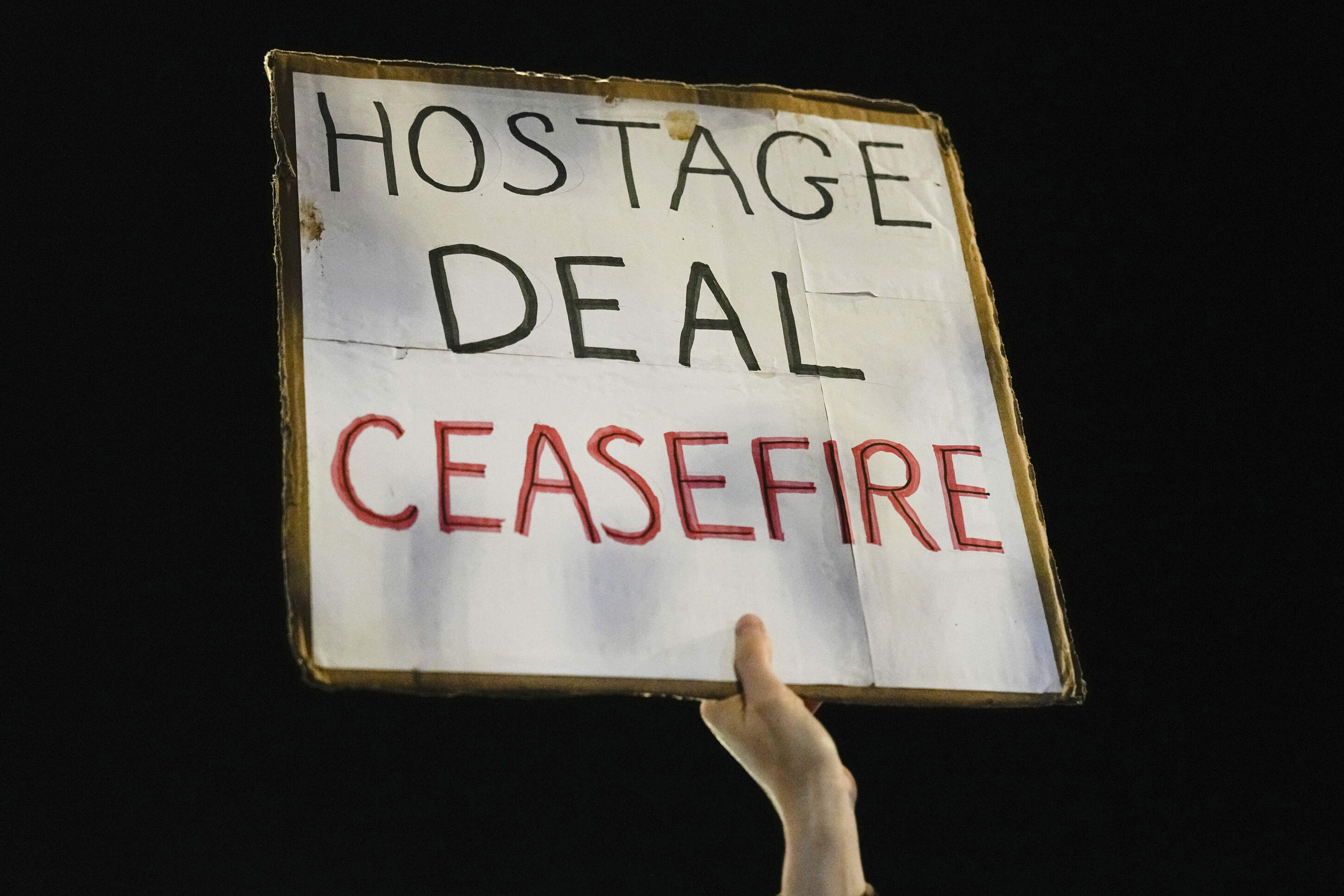 Families and friends of about 240 hostages held by Hamas in Gaza call for Israeli Prime Minister Benjamin Netanyahu to bring them home during a demonstration in Tel Aviv, Israel Tuesday, Nov. 21, 2023.(Ariel Schalit/AP)