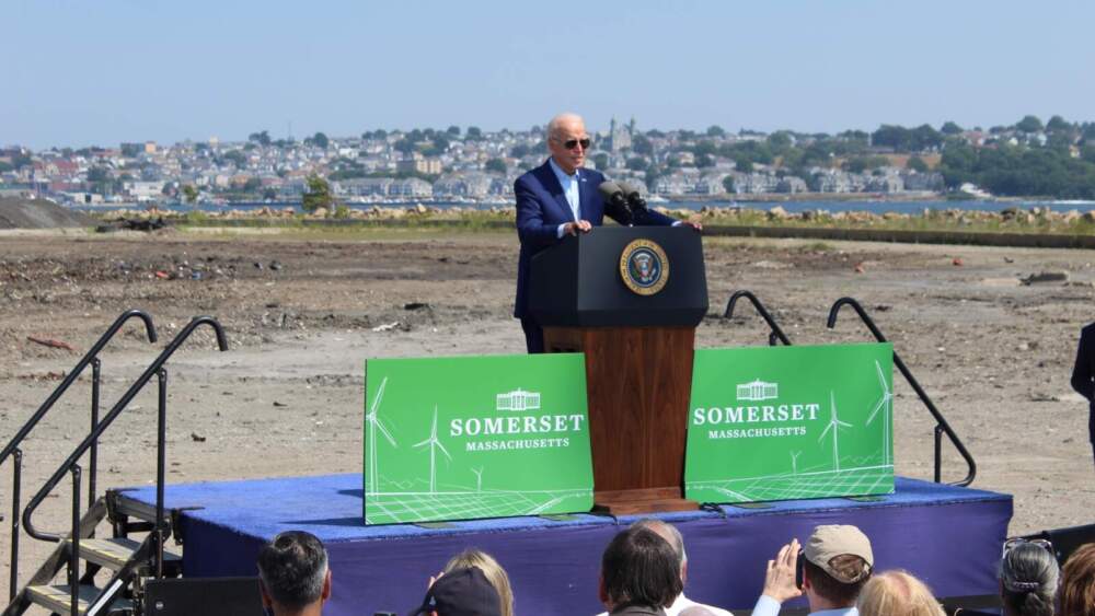 President Biden visited Brayton Point in 2022, heralding Prysmian's factory as the vanguard of a new clean energy economy. (Ben Berke/ The Public's Radio)