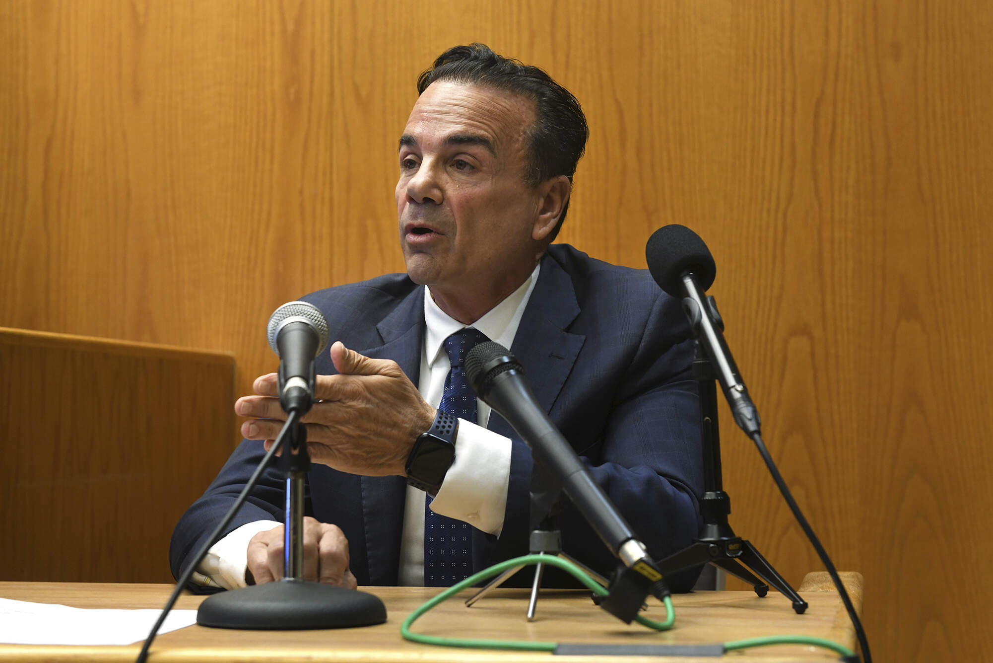 Bridgeport, Conn., Mayor Joe Ganim speaks during a hearing in Bridgeport Superior Court, Tuesday, Oct. 17, 2023, in Bridgeport. (Ned Gerard/Hearst Connecticut Media via AP)