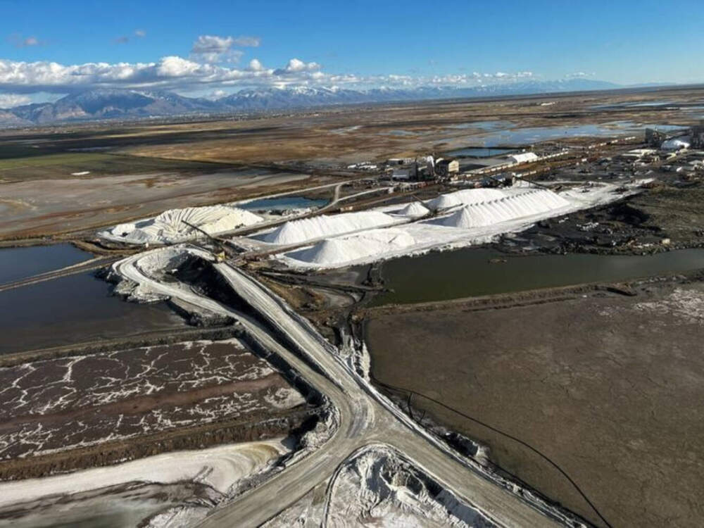 A complex of evaporative ponds on the Great Salt Lake are used to extract mountains of salt from the water. The product is commonly used to deice roads in the winter. (Peter O'Dowd/Here & Now)