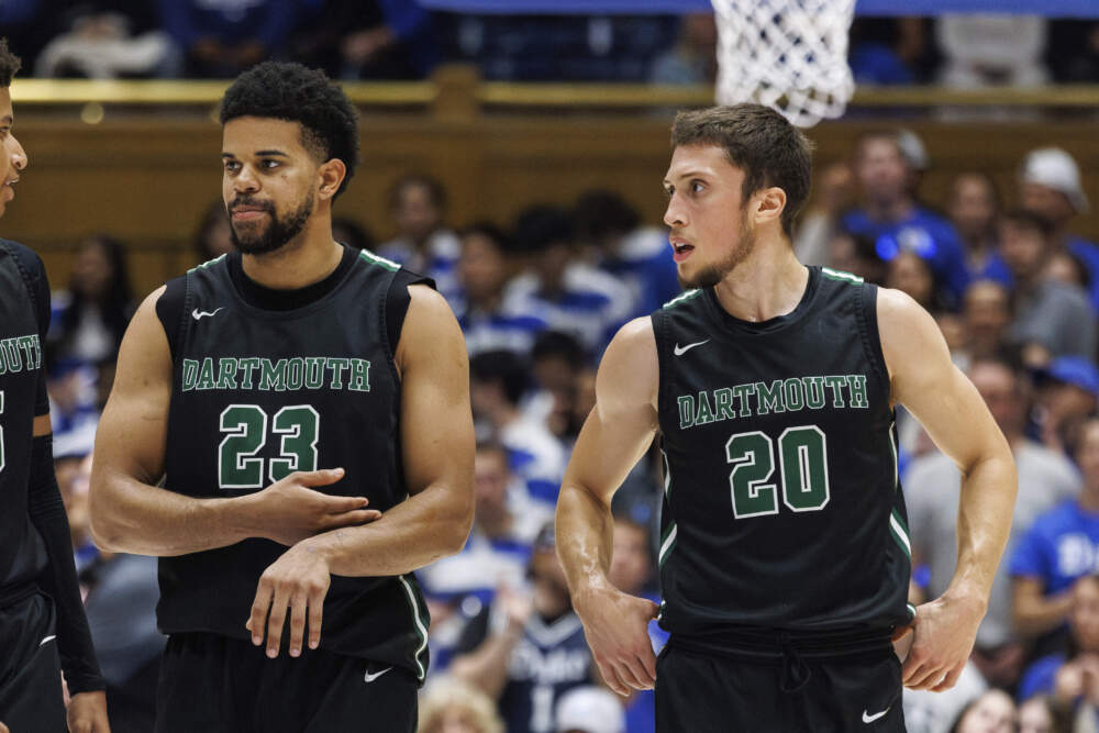 Dartmouth's Robert McRae III (23) and Romeo Myrthil (20) walk onto the court during the second half of an NCAA college basketball game against Duke in Durham, N.C., Monday, Nov. 6, 2023. (Ben McKeown/AP)