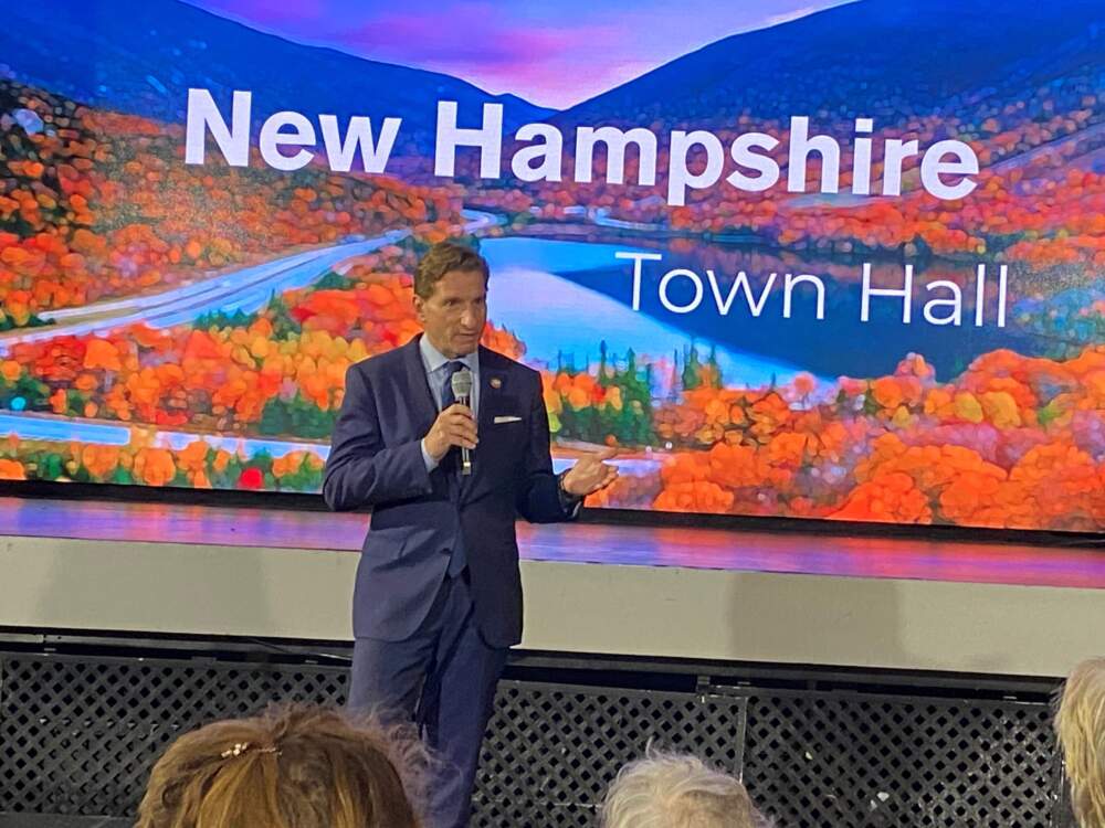 Dean Phillips, Democratic presidential candidate, hosting his first town hall meeting in Manchester, N.H. (Anthony Brooks/WBUR)