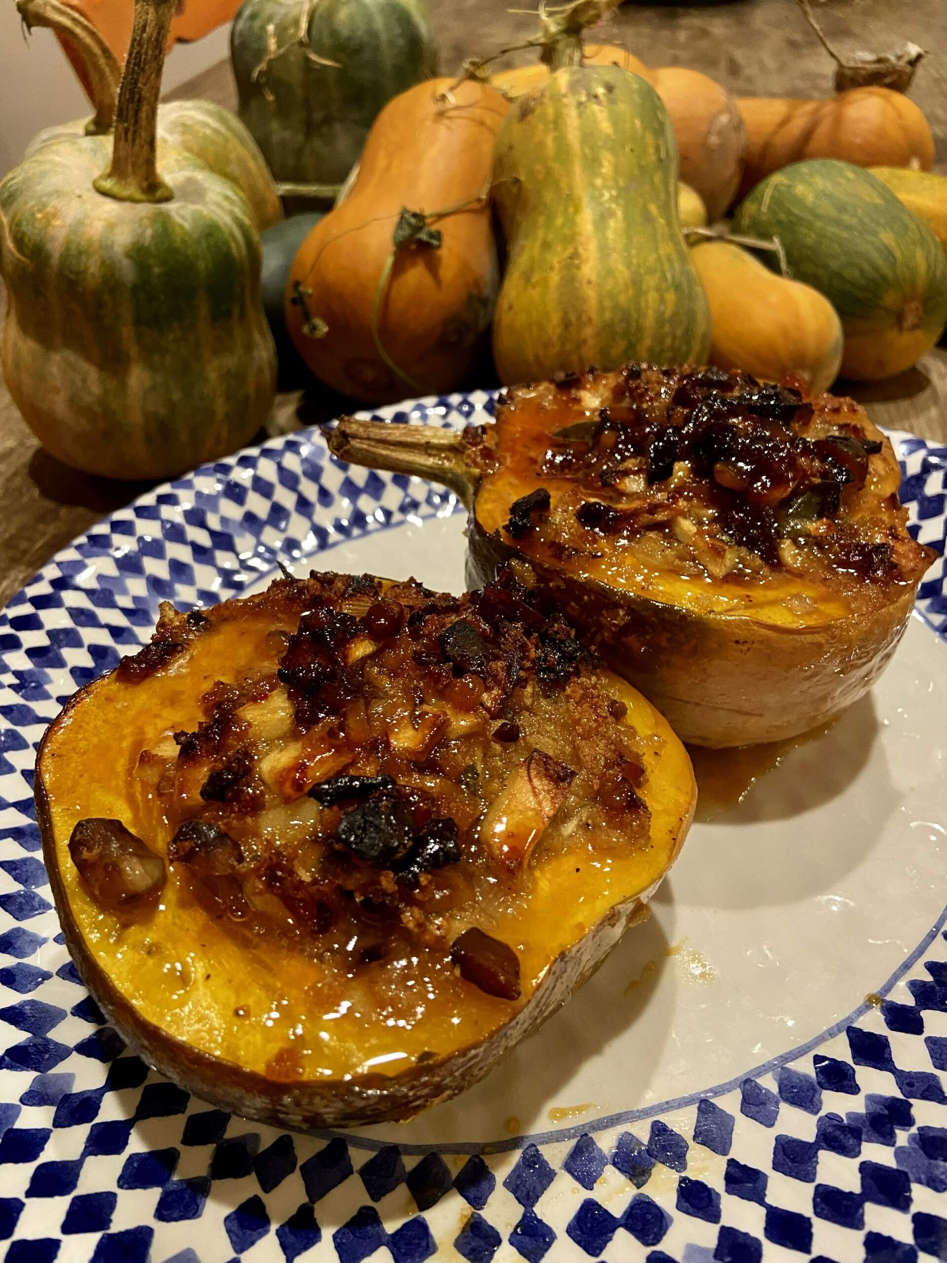 Chestnut and apple stuffed acorn squash with cider glaze. (Kathy Gunst/Here &amp; Now)