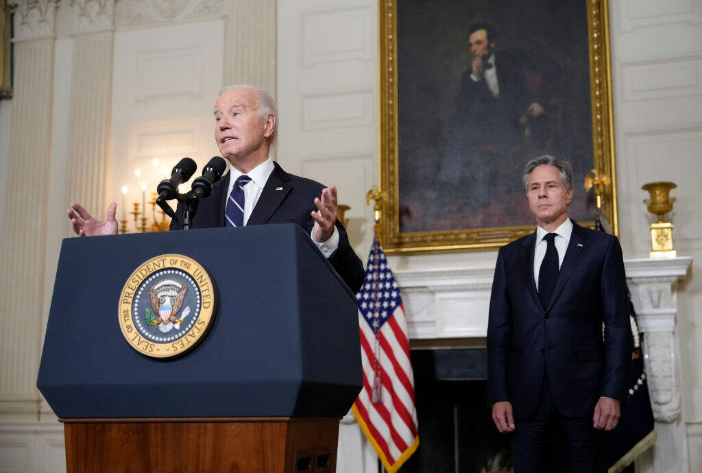U.S. President Joe Biden, joined by Secretary of State Antony Blinken, delivers remarks on the Hamas terrorist attacks in Israel in the State Dining Room of the White House October 10, 2023 in Washington, DC. (Drew Angerer/Getty Images)