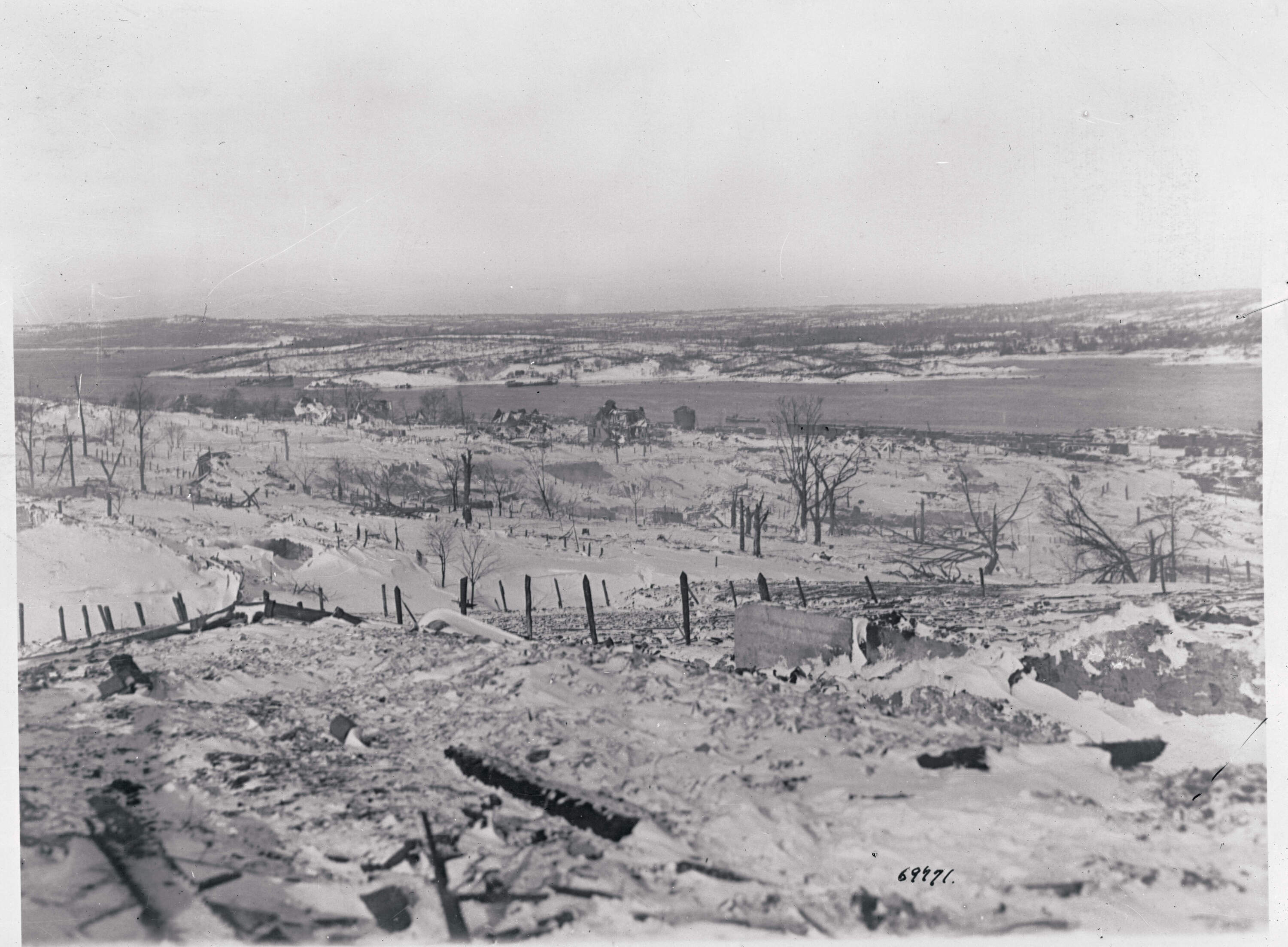 The settlement of Halifax, Nova Scotia is shown after explosions from a colliding ship onto the harbor killed more than 1,600 people and destroyed the northern part of the city. (Getty Images)