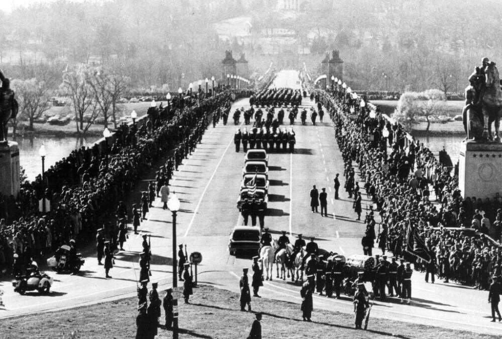 The funeral procession of President John F. Kennedy goes into Arlington Cemetery. On November 22, 1963, Kennedy was killed by an assassin's bullets as his motorcade wound through Dallas, Texas. Kennedy was the youngest man elected President; he was the youngest to die. (National Archive/ Newsmakers via Getty Images)