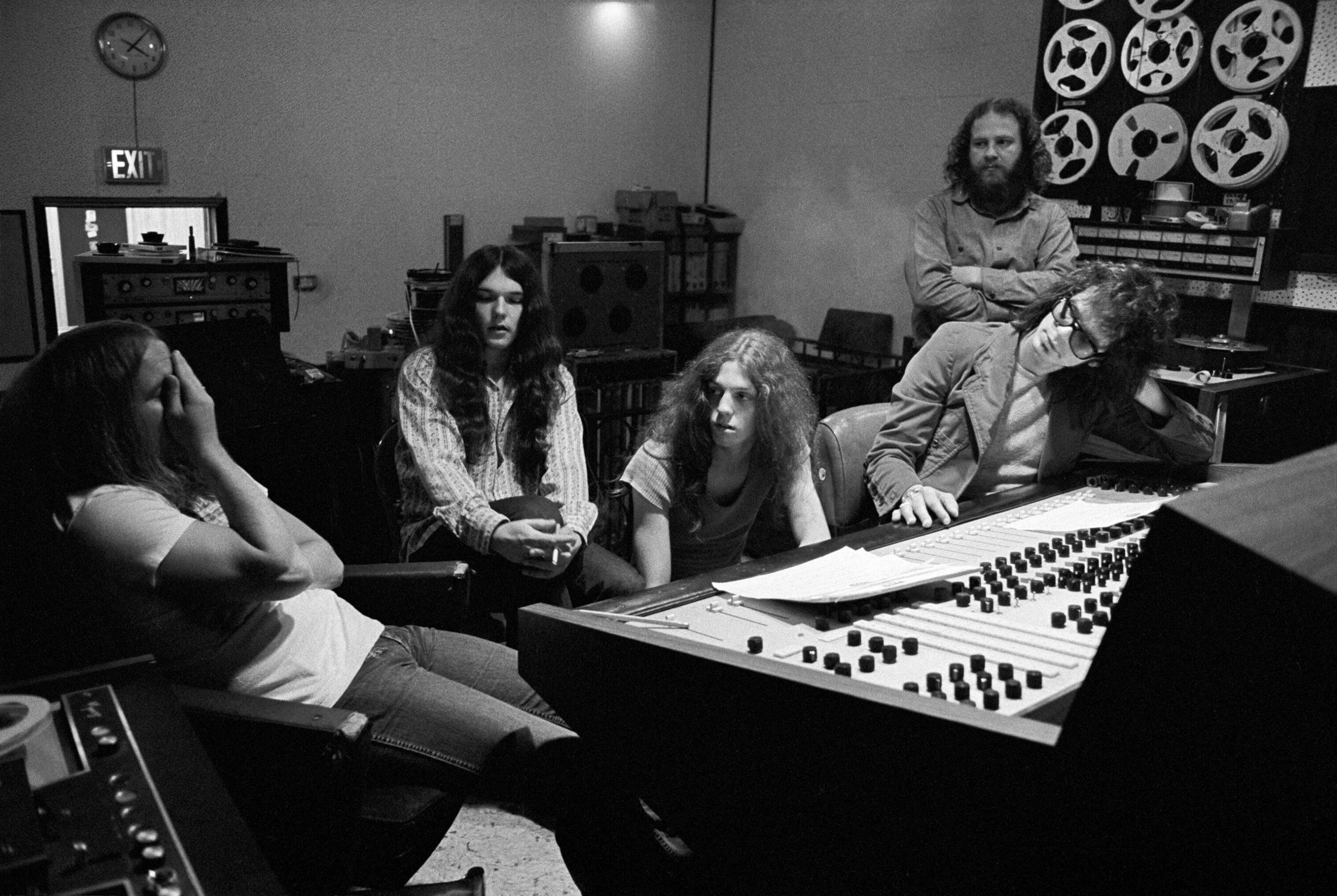 Lynyrd Skynyrd members Ronnie Van Zant, Gary Rossington and Allen Collins work with producer Al Kooper on &quot;Pronounced Lynyrd Skynyrd&quot; with engineer Bob “Tub” Langford looking on in the control room on May 6, 1973 in Doraville-Atlanta, Georgia. (Tom Hill/WireImage via Getty Images)