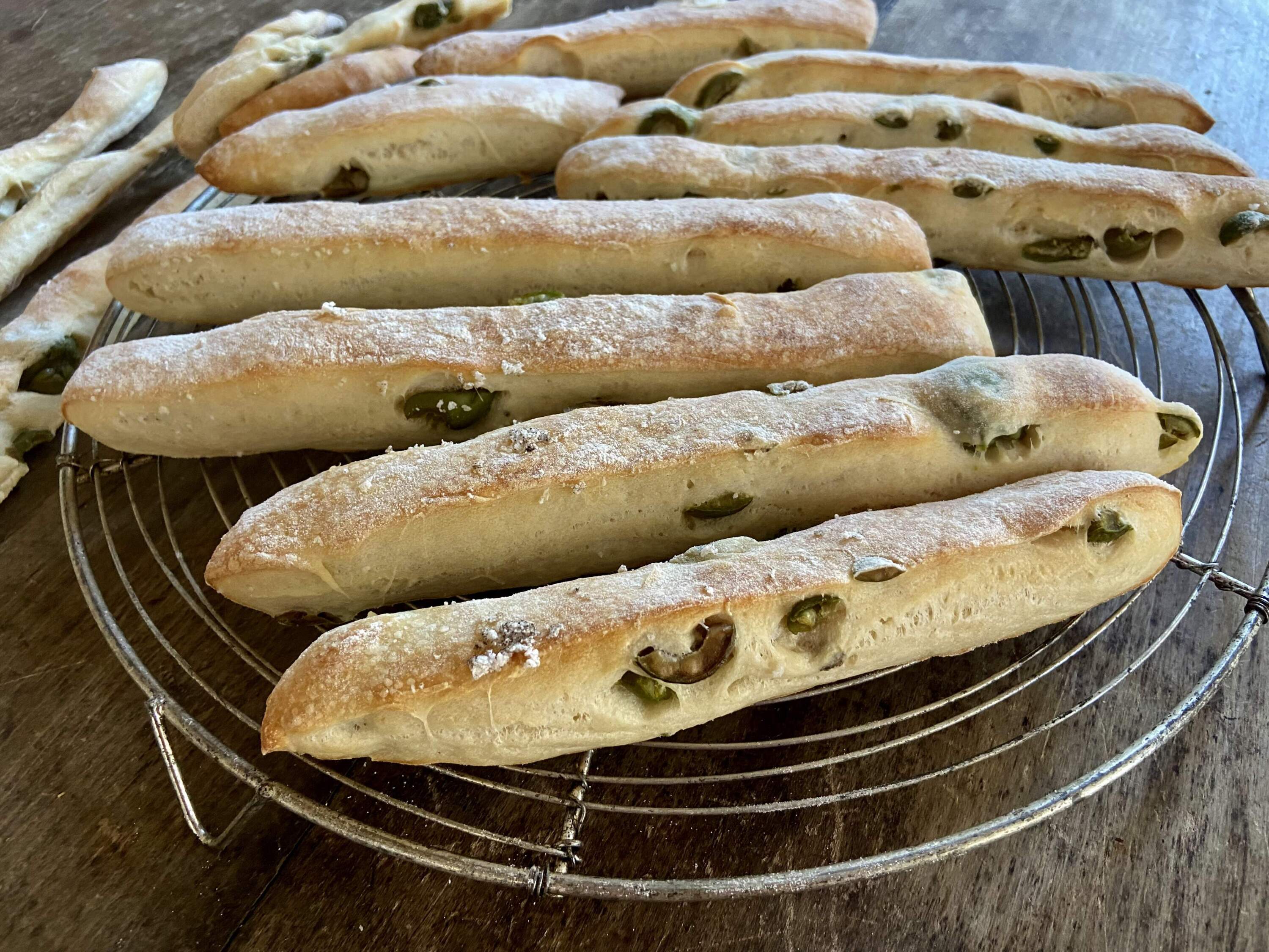 Italian green olive breadsticks. (Kathy Gunst/Here &amp; Now)
