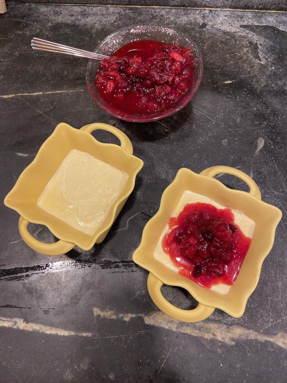 Vanilla pudding with cranberry sauce. (Kathy Gunst/Here & Now)