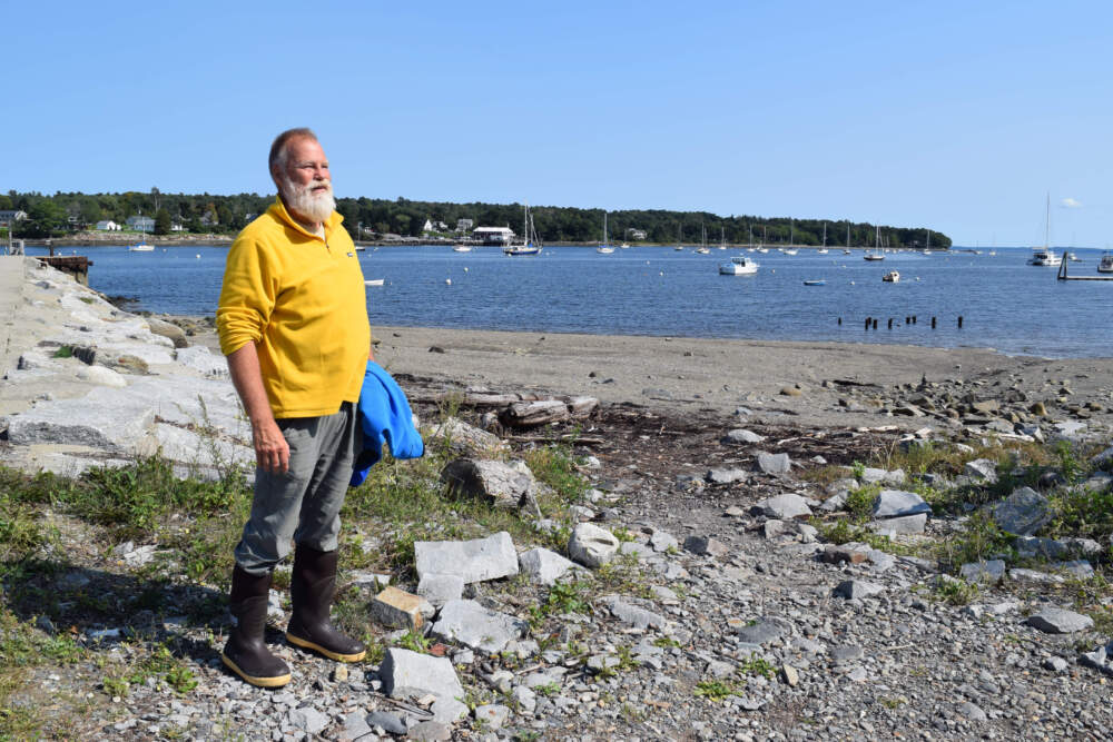 Jonathan Fulford, co-founder of the advocacy group Our Power, sitting/standing outside the harbor in Belfast, Maine.