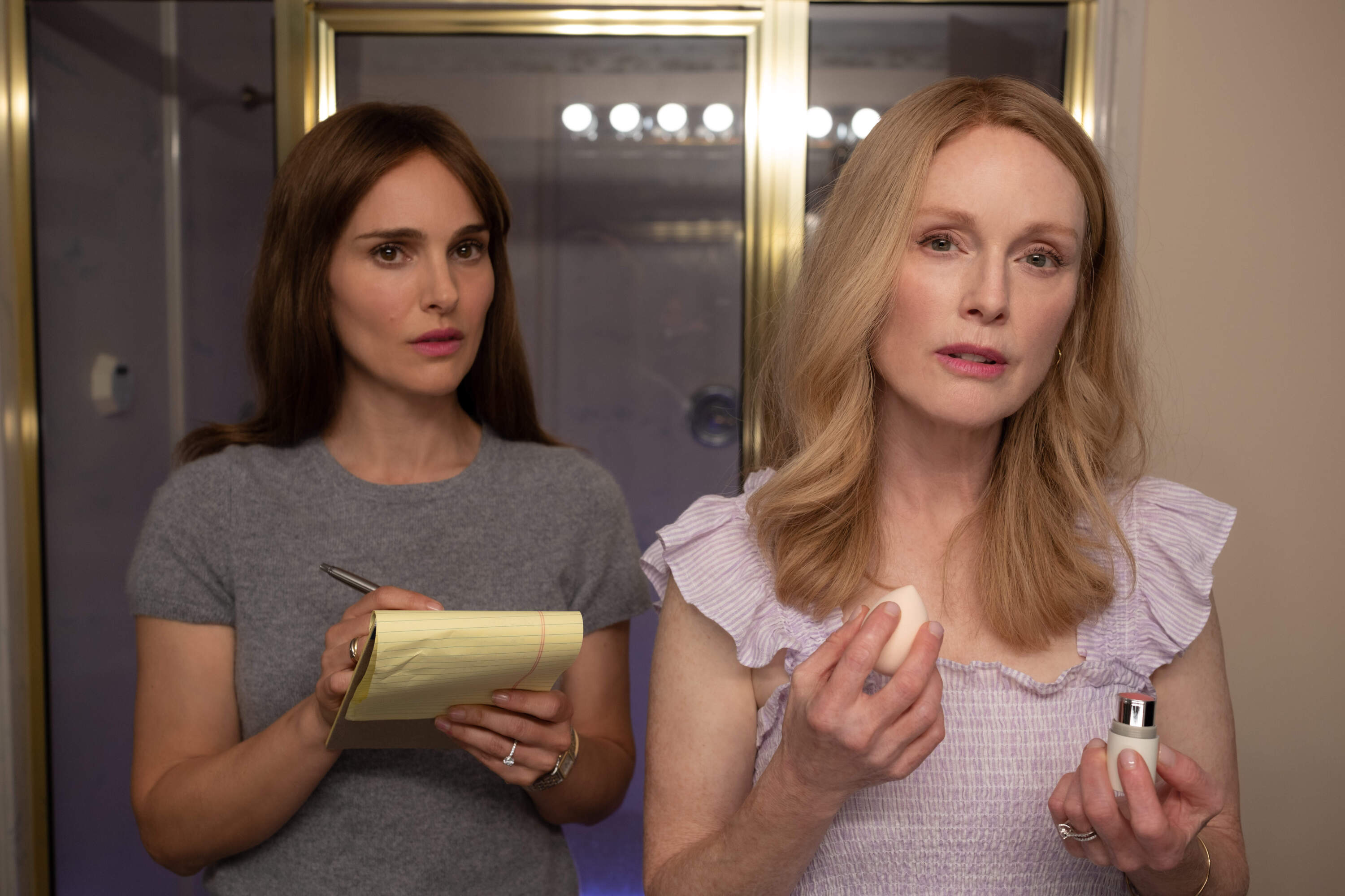 Natalie Portman (left) and Julianne Moore in "May December." (Courtesy Francois Duhamel/Netflix)