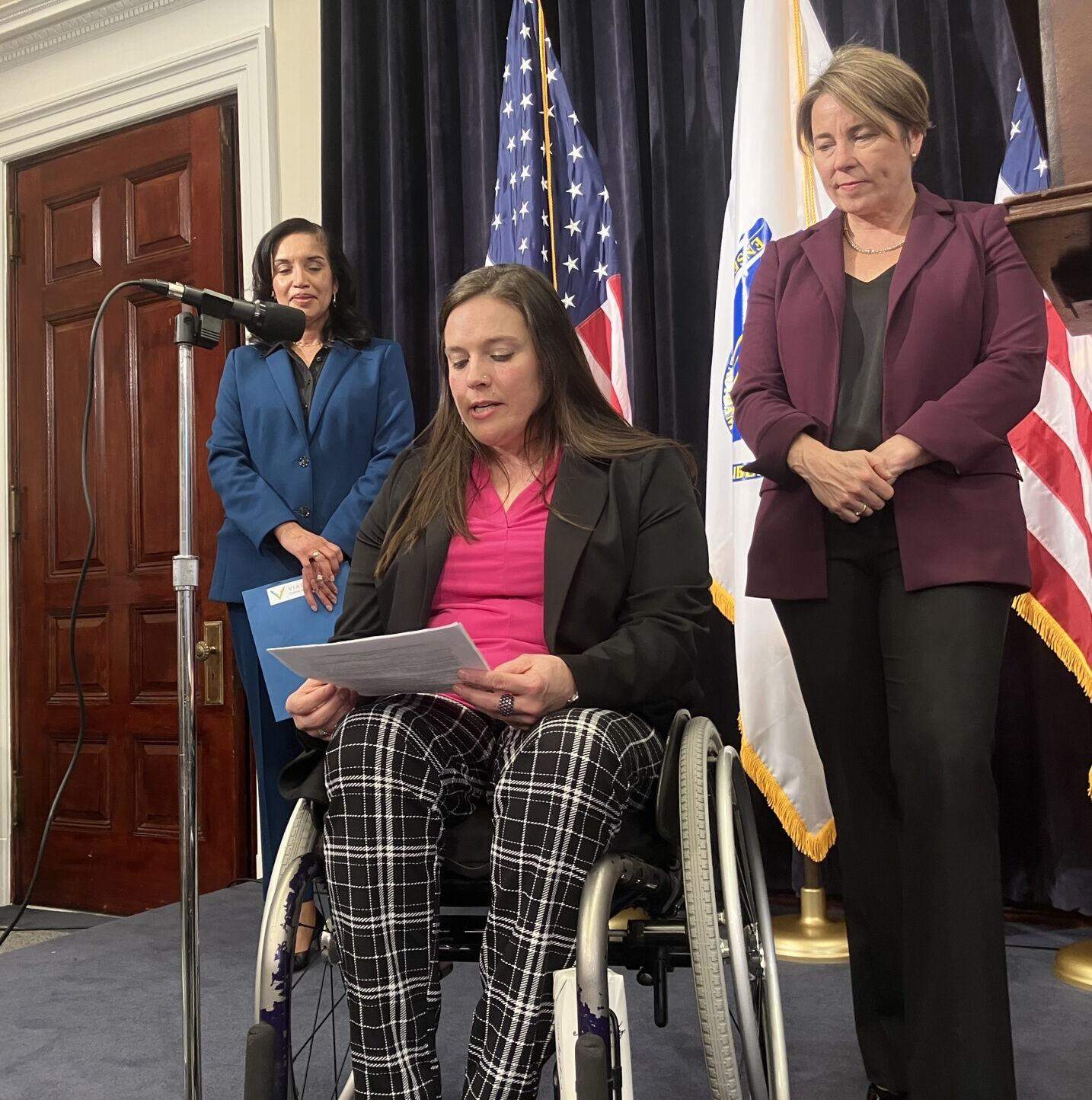 Cindy Walker, the new communications coordinator at the Massachusetts Rehabilitation Commission, speaks about Gov. Maura Healey's proposal to rename the agency "MassAbility" on Thursday, Nov. 2, 2023. (Alison Kuznitz/SHNS)