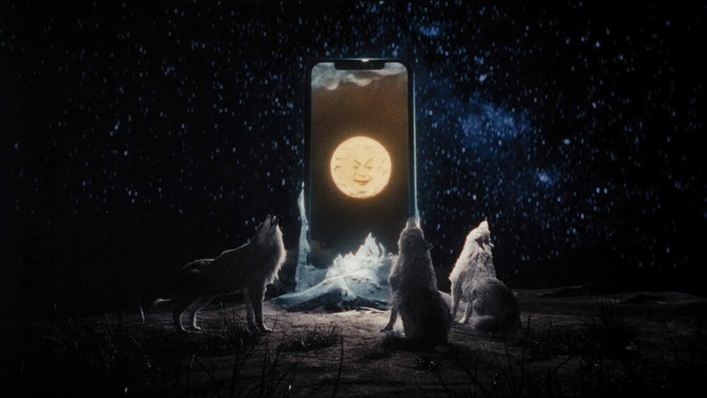 A pack of wolves howl around a cell phone in Godfrey Reggio's brain-bending, psychedelic film "Once Within A Time." (Courtesy Oscilloscope Laboratories)