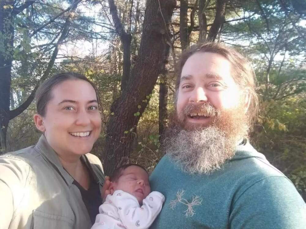 Peyton Brewer-Ross with his family. He leaves behind his partner in life Rachael, and their 2-year-old daughter Elle. (Courtesy Of Ralph Wellman-Brewer via Maine Public)