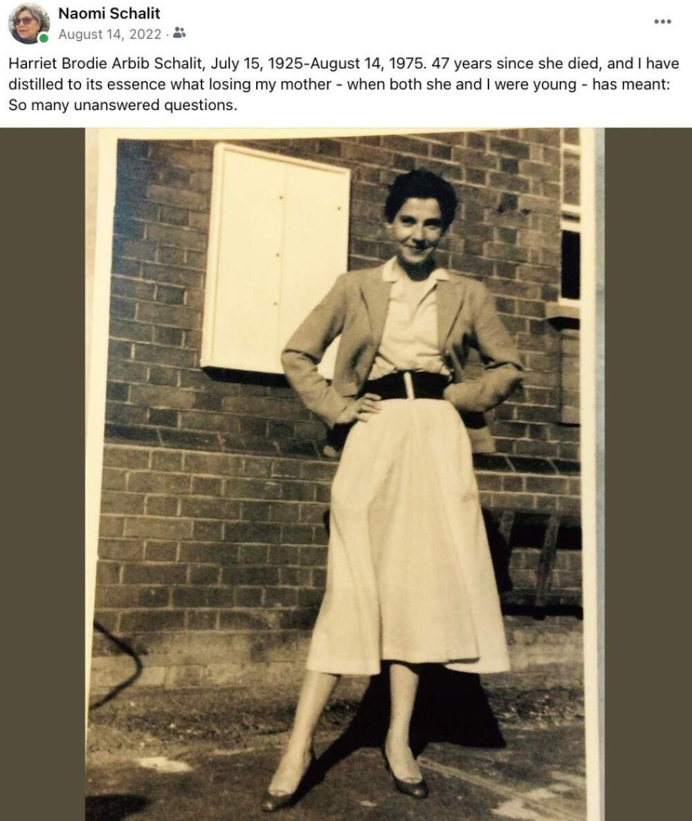 The author's Facebook post, which included a photo of her mother, taken in 1950. (Courtesy Naomi Schalit)