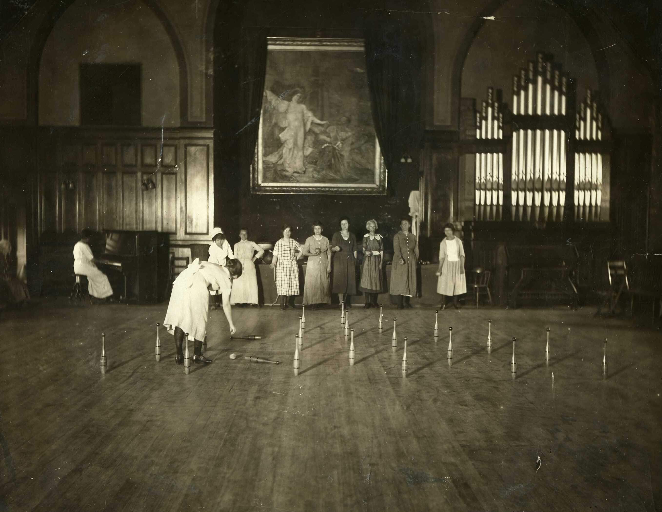 Candlepin bowling in the chapel of Worcester State Hospital, c. 1900. (Photo courtesy of the Worcester Historical Museum.)