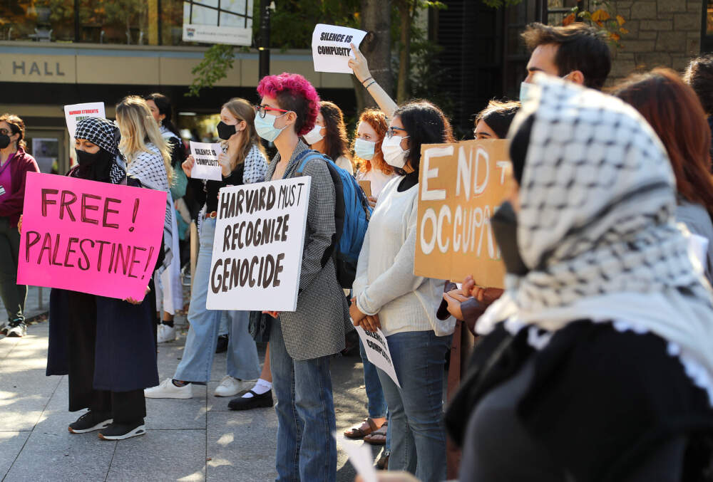 On Oct. 25, Harvard students, faculty and community members rallied outside the Harvard Divinity School in solidarity with Palestinians as the war between Israel and Hamas continued to escalate. (John Tlumacki/The Boston Globe via Getty Images)