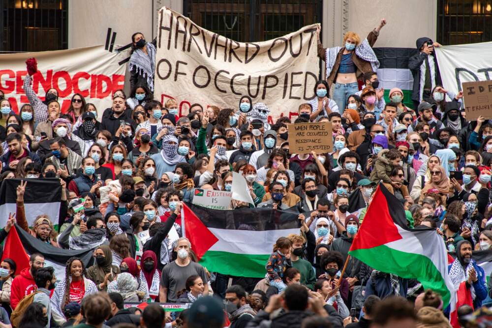 Supporters of Palestinians gather at Harvard University at a rally in Cambridge, Massachusetts on Oct. 14. (Joseph Prezioso/AFP via Getty Images)