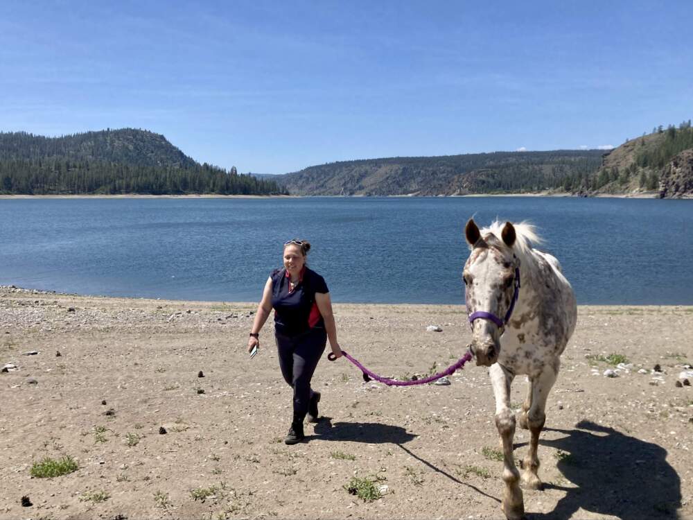 Allison Burke walks along the shore of Lake Roosevelt on the Spokane Indian Reservation with Jack, an appaloosa mustang she rescued. (Ashley Ahearn)